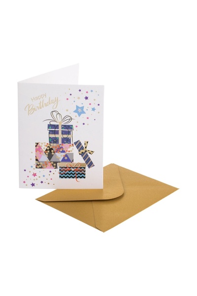 OEM Felicitare Zi de Nastere Albă cu Model Cadouri Stele Folie Aurie "Happy B...