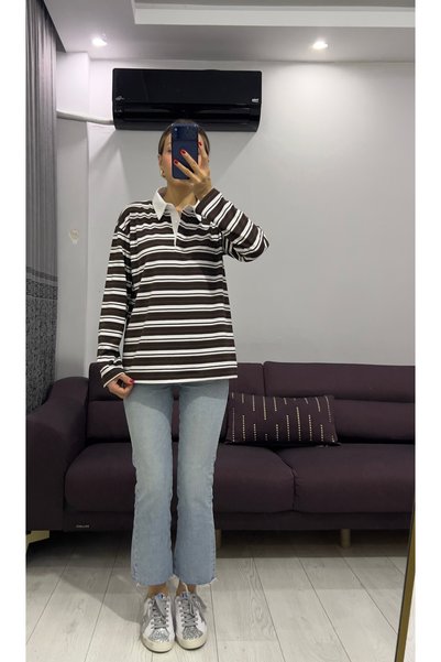 GM Butikk Kadın Kahverengi Yakalı Çizgili Örme Tshirt Sweatshırt