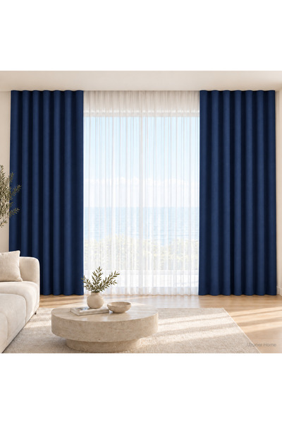 UZUNER HOME Modern Seri Düz Pile Kadife Fon Perde - KOYU LACİVERT