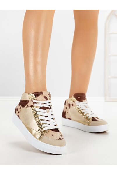 CM Sneakers dama albi cu maro deschis si auriu Ducora