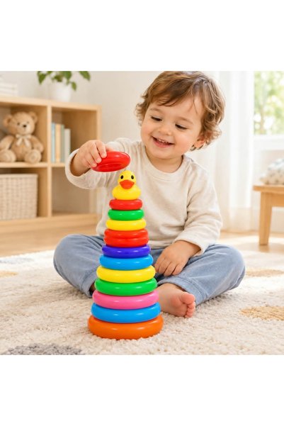 smile toys Jucarie educativa Montessori , Piramida multicolora cu 12 cercuri,...