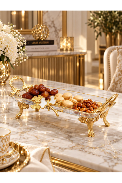 Nimet Luxury Style Gold Glass Serving Tray with Floral Design & Handles | Pre...