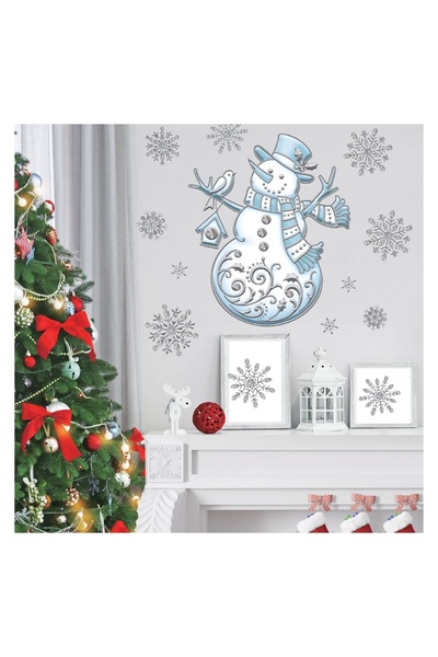 OEM Autocolant de Crăciun Decorativ Om de Zăpadă Fulgi Argintii Bleu 19×17,5 cm