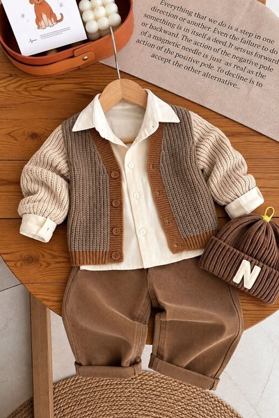 Minigimin Cicileri Baby Boy 3-Piece Set with Knitwear Cardigan and Shirt - Brown