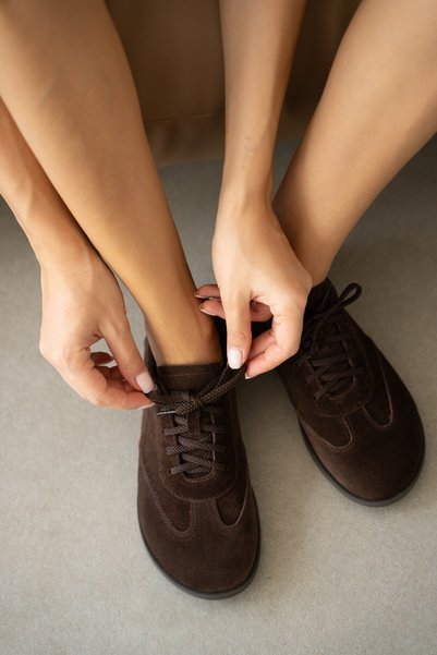 selin shoes Perrin Genuine Leather Flat Sole Lace-Up Women's Shoes - Brown Suede
