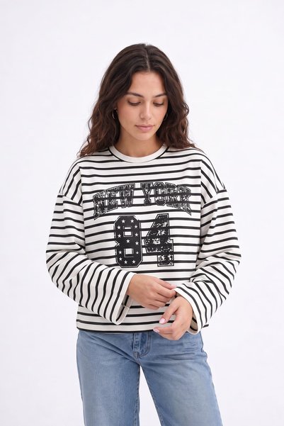 Kozik Black and White Striped New York Printed Women's Long Sleeve T-Shirt