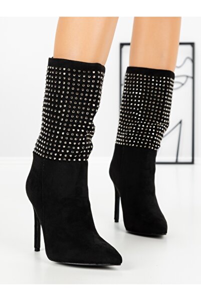 SeasonD Botine dama cu toc subtire negre din material textil Colria