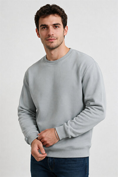 Erkek Gri 3 İplik Bisiklet Yaka Sweatshirt İçi Polarlı Kışlık Kalın