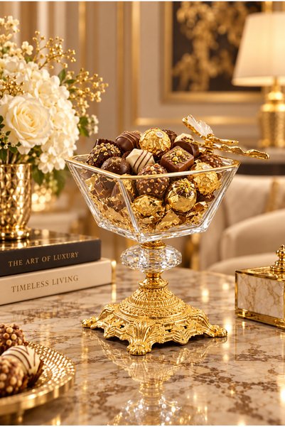 Nimet Luxury Gold Pedestal Glass Bowl for Dry Fruits & Sweets | Floral Design...