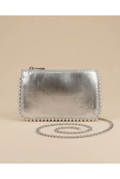 TUGSE Women's gray shoulder bag with pearl detail, multi-compartment, and cha...