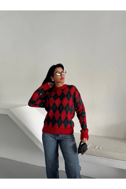 bysocafashion سترة نسائية محبوكة بنمط البقلاوة باللون الأحمر وياقة دائرية وأك...