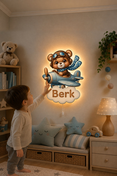 Kişiye Özel İsimli Ahşap Uçak Ayıcık Gece Lambası