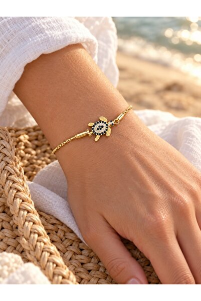 Beatis Dark Blue White Stone Turtle Figured Gold Color Chain Adjustable Women's Bracelet