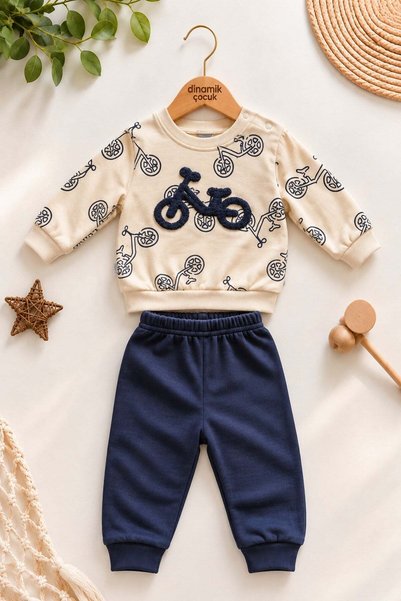 dinamik çocuk Boy's embroidered sweatshirt and sweatpants 2-piece set with bi...