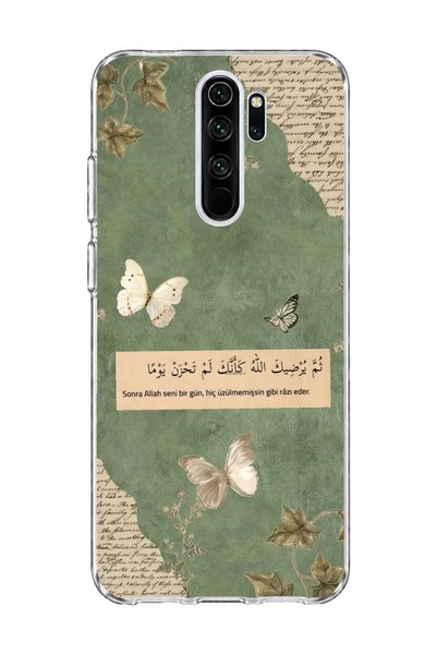 lelia Redmi Note 8 Pro Uyumlu Yeşil Kelebek Ayet Baskılı Şeffaf Telefon Kılıfı