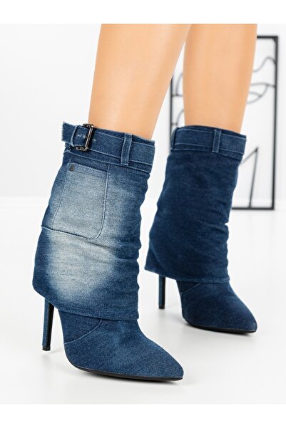 SeasonD Botine dama cu toc subtire albastre din material textil Enadena