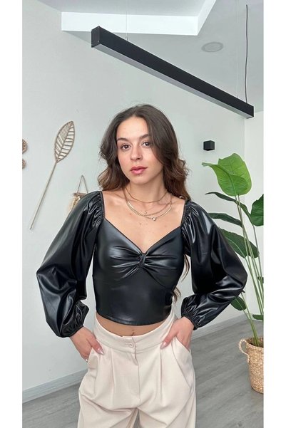 bysocafashion Stylish and Stunning Leather-Look Blouse with Drawstring Detail...