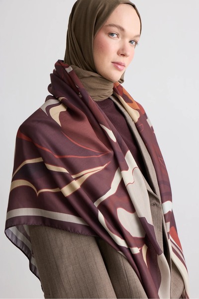 Modakaşmir 140X140 Palette Patterned Cotton Shawl Scarf Bitter Brown