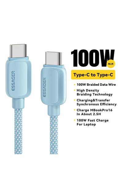 essager كابل USB Type C إلى USB C بطول 2 متر، 100 واط، أزرق، يدعم الشحن السري...