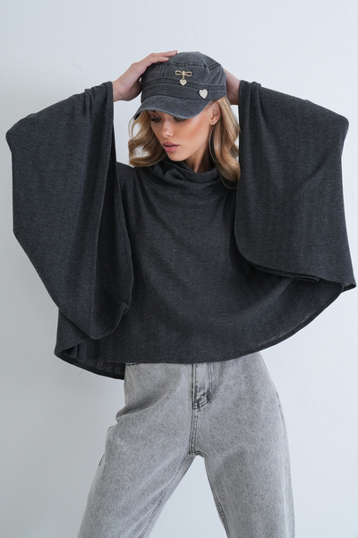 Trend Alaçatı Stili Women's anthracite low stand collar knitted cape blouse a...