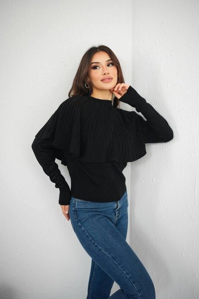 bysocafashion بلوزة نسائية سوداء بأكمام طويلة وياقة دائرية وتفاصيل كاب مطوي م...