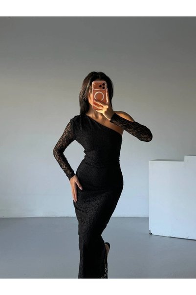 bysocafashion فستان سهرة نسائي من قماش الدانتيل الأسود بكتف واحد وأكمام طويلة...