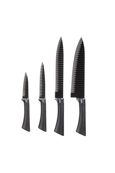 OEM Set 4 Cuțite Negre-Argintii, Lamă Oțel Inoxidabil, Mânere Ergonomice