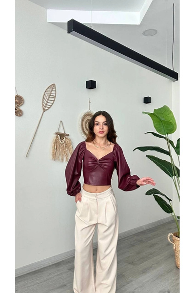 bysocafashion Stylish and Stunning Leather-Look Blouse with Ruched Detail - B...