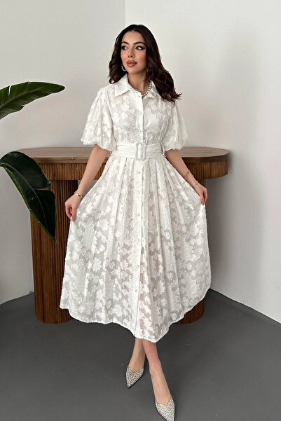 bysocafashion Ecru Belted Balloon Sleeve Dress - Ecru
