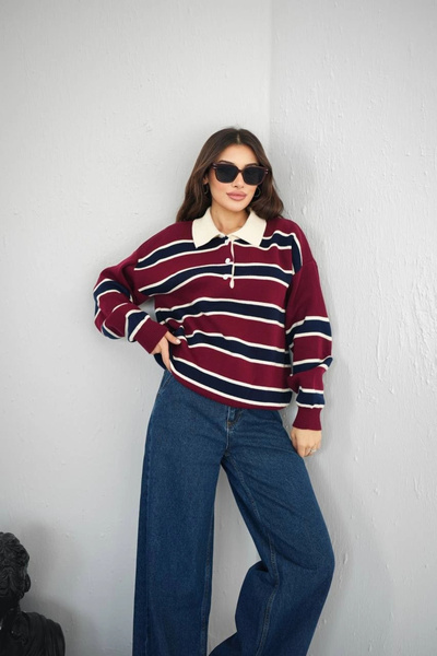 bysocafashion سترة تريكو نسائية فضفاضة كبيرة الحجم ذات أكمام طويلة وياقة بولو...