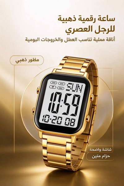 Skmei ساعة رقمية مربعة للرجال بحزام من الفولاذ المقاوم للصدأ، مقاومة للماء حت...