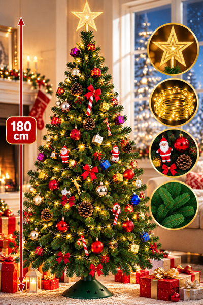 Yıldızhane 180 cm 585 Dal Yılbaşı Çam Ağacı 80 Parça Süs Hediyeli 3 Metre LED Işıklı Demir Ayaklı Yılbaşı Ağacı Seti