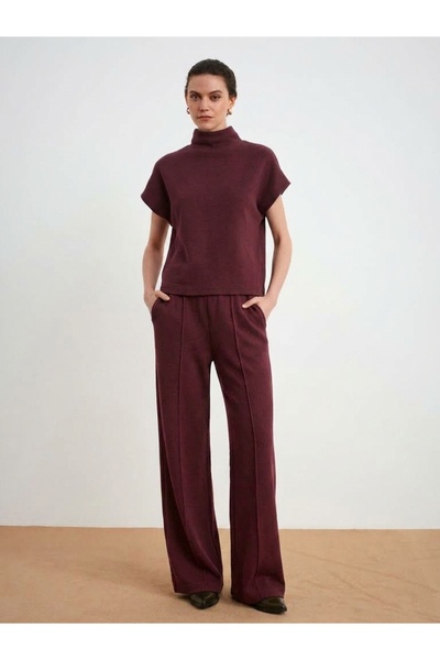Dilvin 71927 Elastic Waist Loose Tracksuit with Stitching Detail - Claret Red