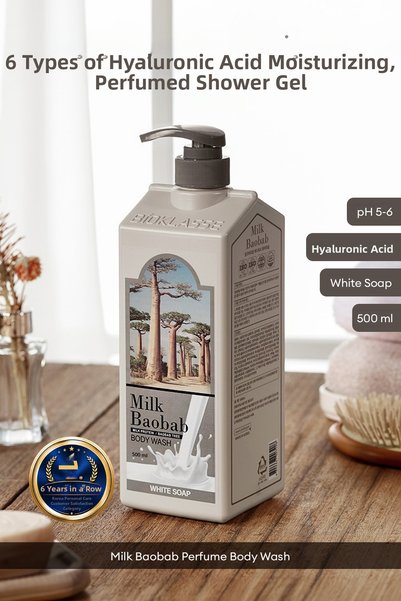 Milk Baobab جل استحمام معطر مرطب بـ 6 أحماض هيالورونيك (صابون أبيض)
