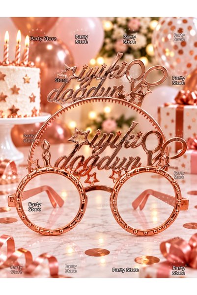Parti Dükkanı Happy Birthday Crown and Glasses Set of 2 Rose Gold Mica – Birt...