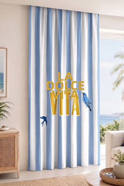 Realhomes La Dolce Vita Written Bird Figured Striped Digital Printed Single W...
