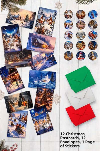 Bimotif 25-Piece New Year Glitter Postcard, Envelope and Sticker Set - 12 Gli...