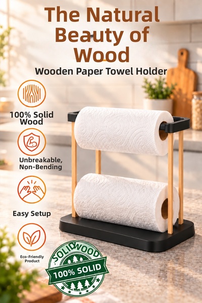 Meleni Home Wooden Refillable Paper Towel Holder - Decorative Napkin Holder Kitchen Countertop Paper Towel Holder