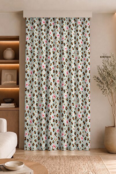 Realhomes Leopard Patterned Pink Floral Digital Printed Single Wing Backgroun...