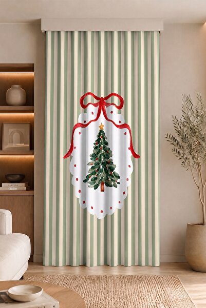 Realhomes Christmas Pine and Bow Patterned Digital Printed Single Wing Background Curtain (with Cushion Cover as a Gift)