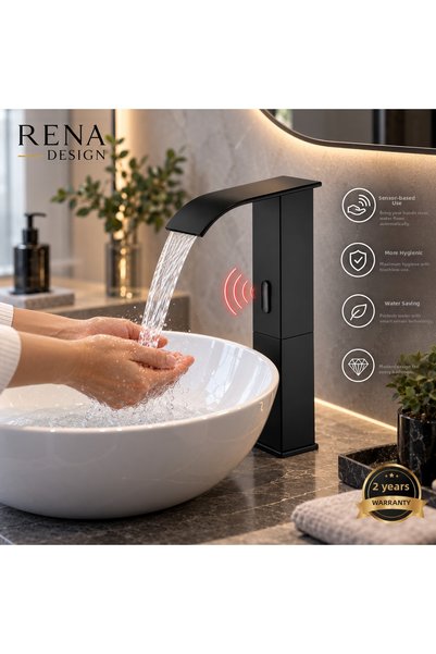 RENA DESIGN Black Square Bowl Sink Faucet with Photocell Sensor, Touchless Au...