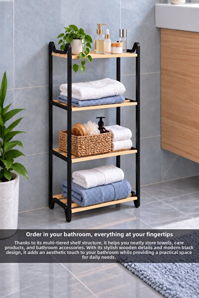 Meleni Home 4-Compartment Bathroom Organizer - Wooden Easy-To-Install Organizer Bathroom Towel Makeup Storage Detachable Shelf