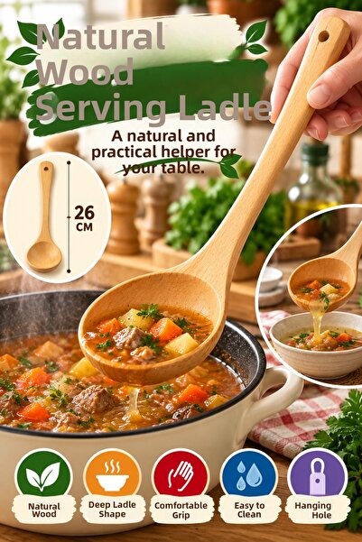 OpenCity 26 cm Natural Wooden Serving Ladle Wide Mouth Wooden Food and Servin...