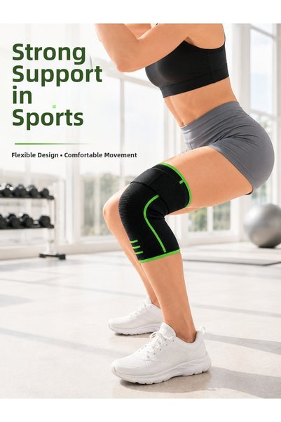 Generic Brand Black Green Sports Knee Brace with Adjustable Support Band, Breathable Knitted -