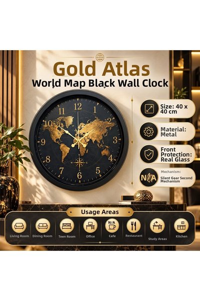 ZENTİME Ceas de perete din metal negru cu hartă a lumii „Altın Atlas”, 40 x 4...