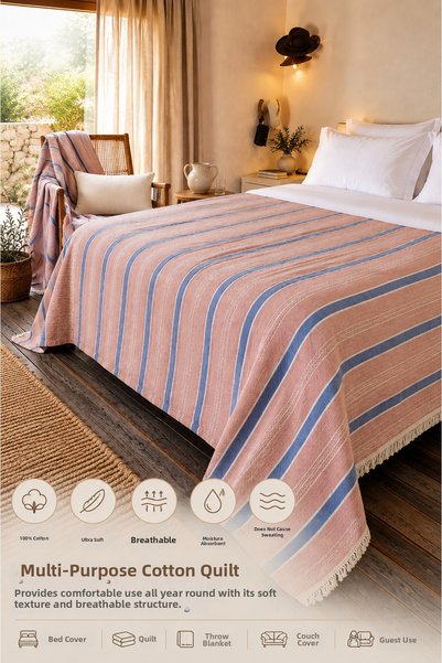 ByEnBi Multi-Purpose 100% Cotton Double Pike Blanket 240X220 cm Pink and Blue...