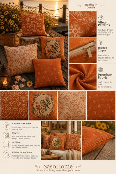 SasoHome Husă decorativă pentru pernă Terra Romance Heritage, din teracotă, cu model damasc vintage |   Decor clasic botanic pentru salon
