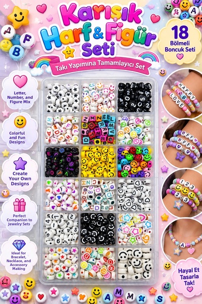 By MO Accessories Set de mărgele asortate cu litere, numere și figuri, cu 18 ...