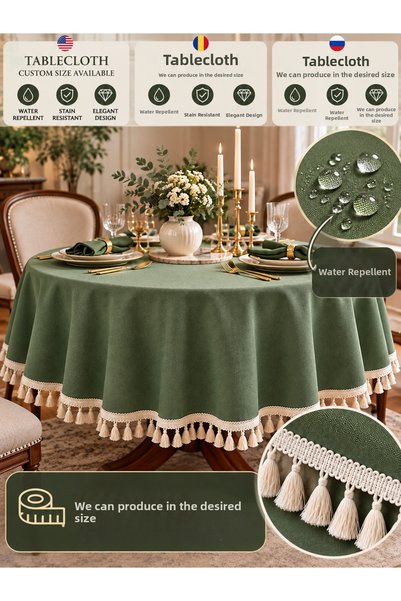 Zeren Home Green Round Tablecloth with Tassels – Liquid and Stain Resistant, Custom Size Production