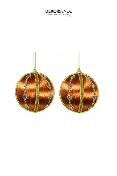 Dekorsende Glob pentru brad de Crăciun cu dungi și pietre, set de 2, maro, 10 cm